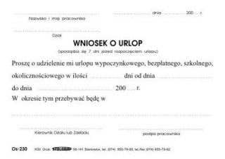 Druk samokopiujący wniosek o urlop A6 100k. Stolgraf (K50)