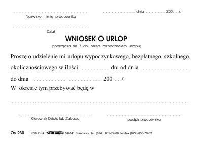 Druk samokopiujący wniosek o urlop A6 100k. Stolgraf (K50)