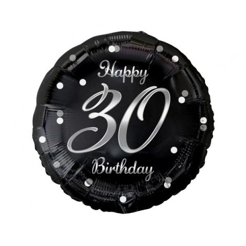 Balon foliowy Happy 30 Birthday, czarny, nadruk srebrny 18cal Godan (FG-O30S)