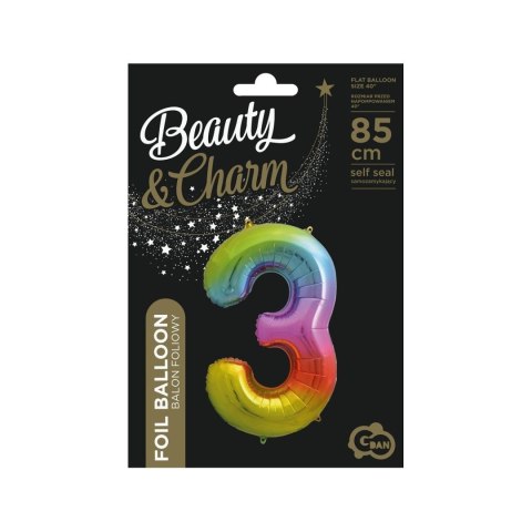 Balon foliowy cyfra 3 tęczowy 85cm 40cal Godan (HS-C34T3)
