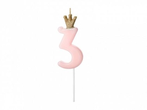 Świeczka urodzinowa Cyferka 3, jasny różowy, 9.5cm Partydeco (SCU6-3-081J)