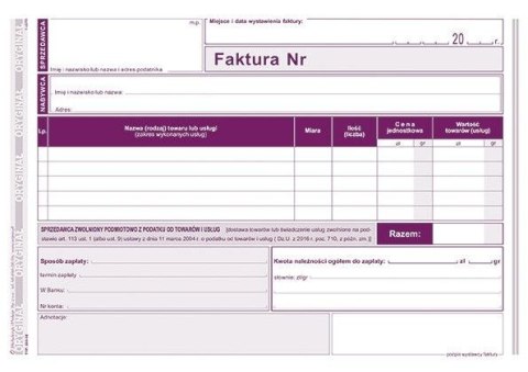 Druk offsetowy Faktura dla podatników zwolnionych z podatku VAT A5 80k. Michalczyk i Prokop (203-3E)