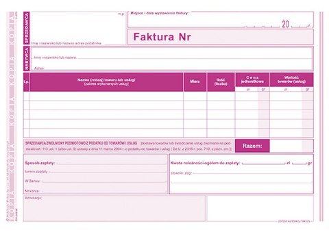 Druk offsetowy Faktura dla podatników zwolnionych z podatku VAT A5 80k. Michalczyk i Prokop (203-3E)