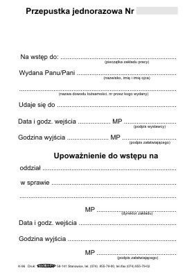 Druk samokopiujący przepustka wstępu jednorazowa A6 100k. Stolgraf (K96)